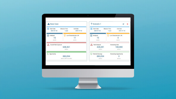 Asset Risk Analyzer product screen on a computer with a blue background