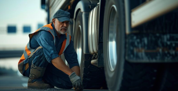 Man crouched down examining tires on semi trailer