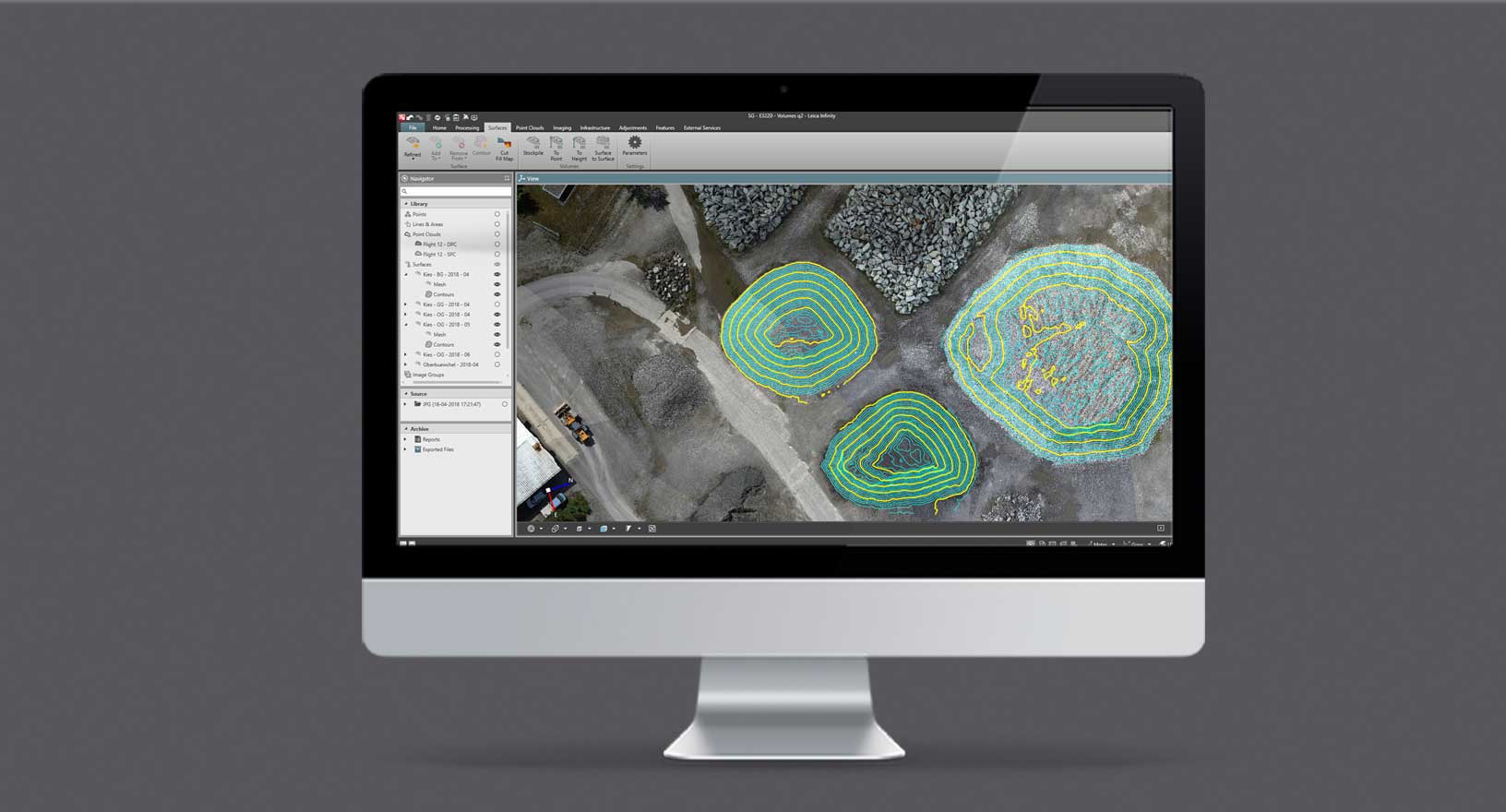 aerial view of stockpiles of rock measured in Leica Infinity software