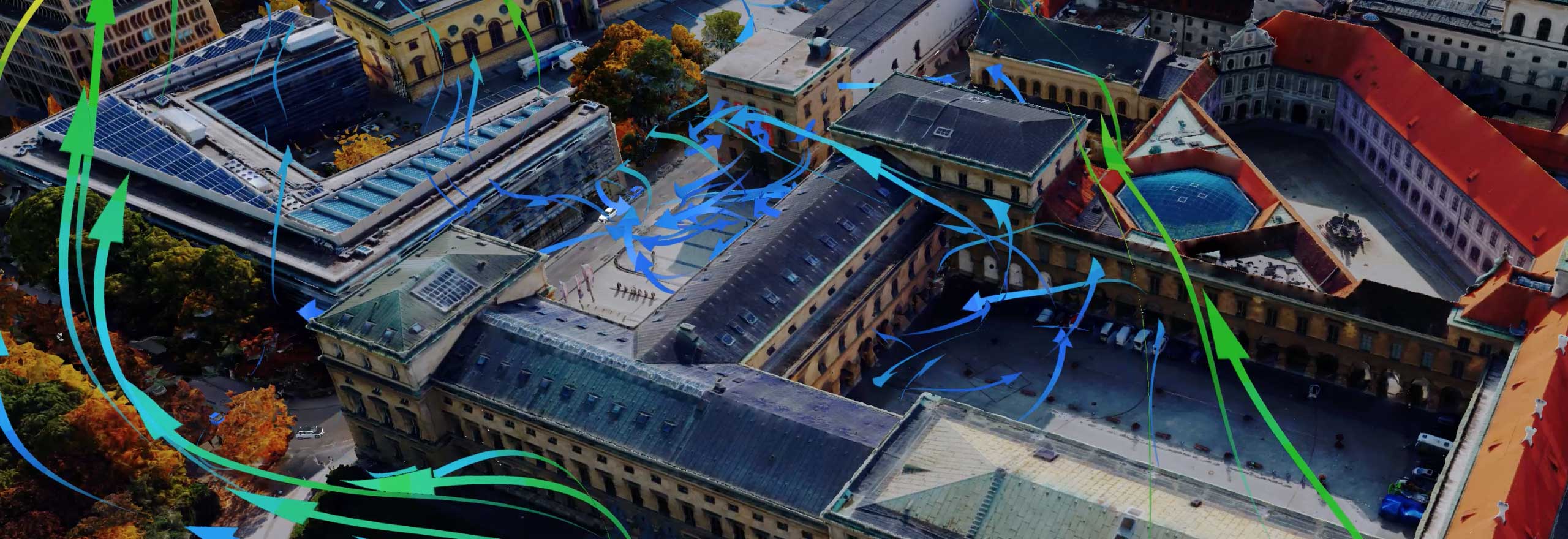 Stylized illustration of an urban development with environmental simulations of water flow and air circulation.