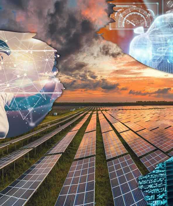 Bild eines Solarparks mit überlagerten Bildern eines Drahtmodells für ein Auto, eines Halbleiterchips und einer Frau, die ein VR-Headset benutzt.