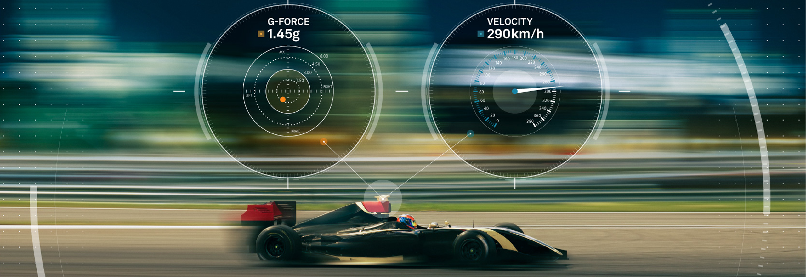 A racecar speeding down a track with dial overlays showing g-force and velocity. 