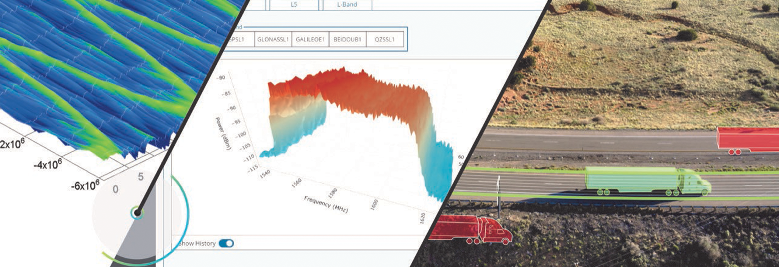 Three images compiled that show two charts and green and red semi trucks displaying features from GRIT.