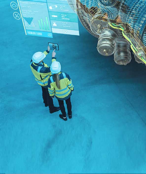 Two technicians view information on a tablet for a project. Above the tablet is a representation of the information they're reviewing.