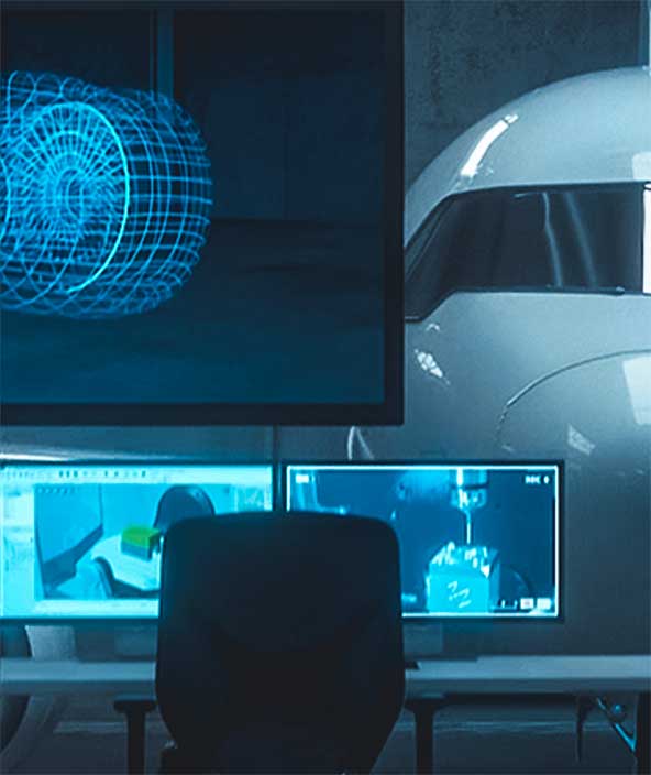 A computer room with an open view into a hangar where an aircraft sits